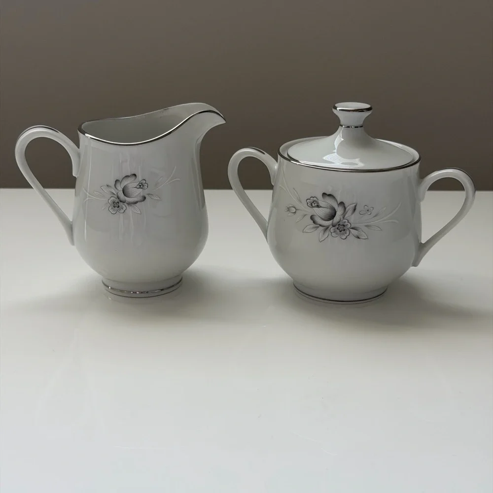 Elegant Sango Morena Japen Porcelain White Floral Creamer and Sugar Bowl Set